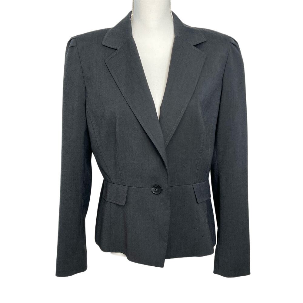 Tahari Dark Gray Cropped Blazer Button Closure Career Ruche Shoulders Size 10